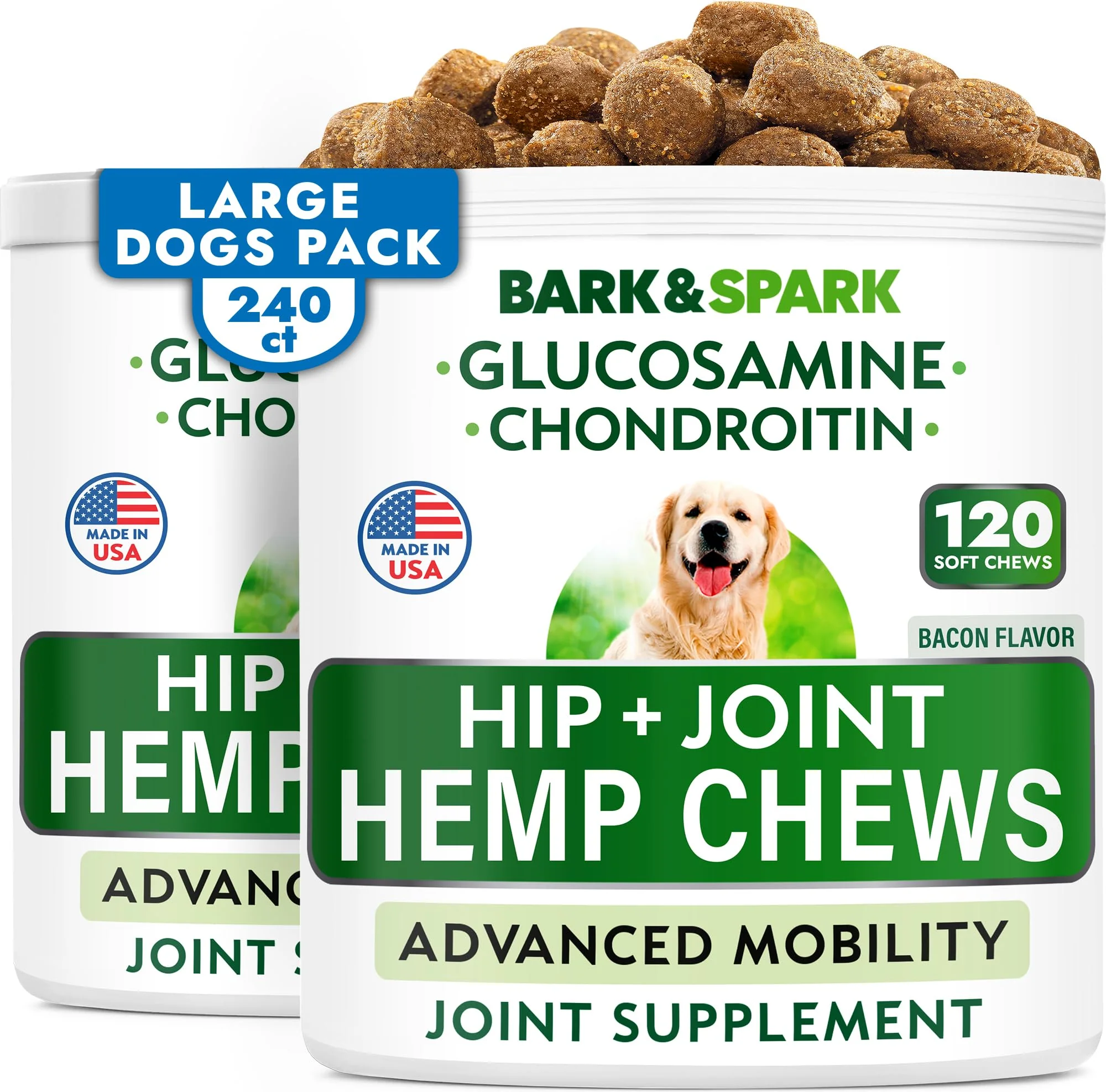 Specialty BARK SPARK Hemp Chews for Dogs – Joint Support with Glucosamine Chondroitin 240 Ct Bacon Functional