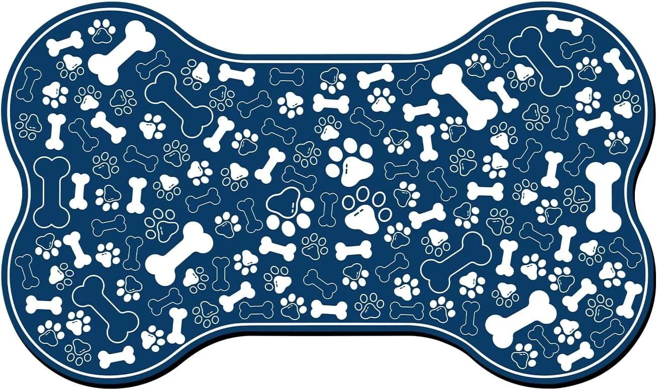 Recyclable Dog Cat Food Mat Bone Shaped Pet Feeding Mat Quick Absorb Water Bowl Placemat with Rubber Backing Indoor Floor Stain Resistant Pet Accessory Supplies Blue 17×29 Inches Elite