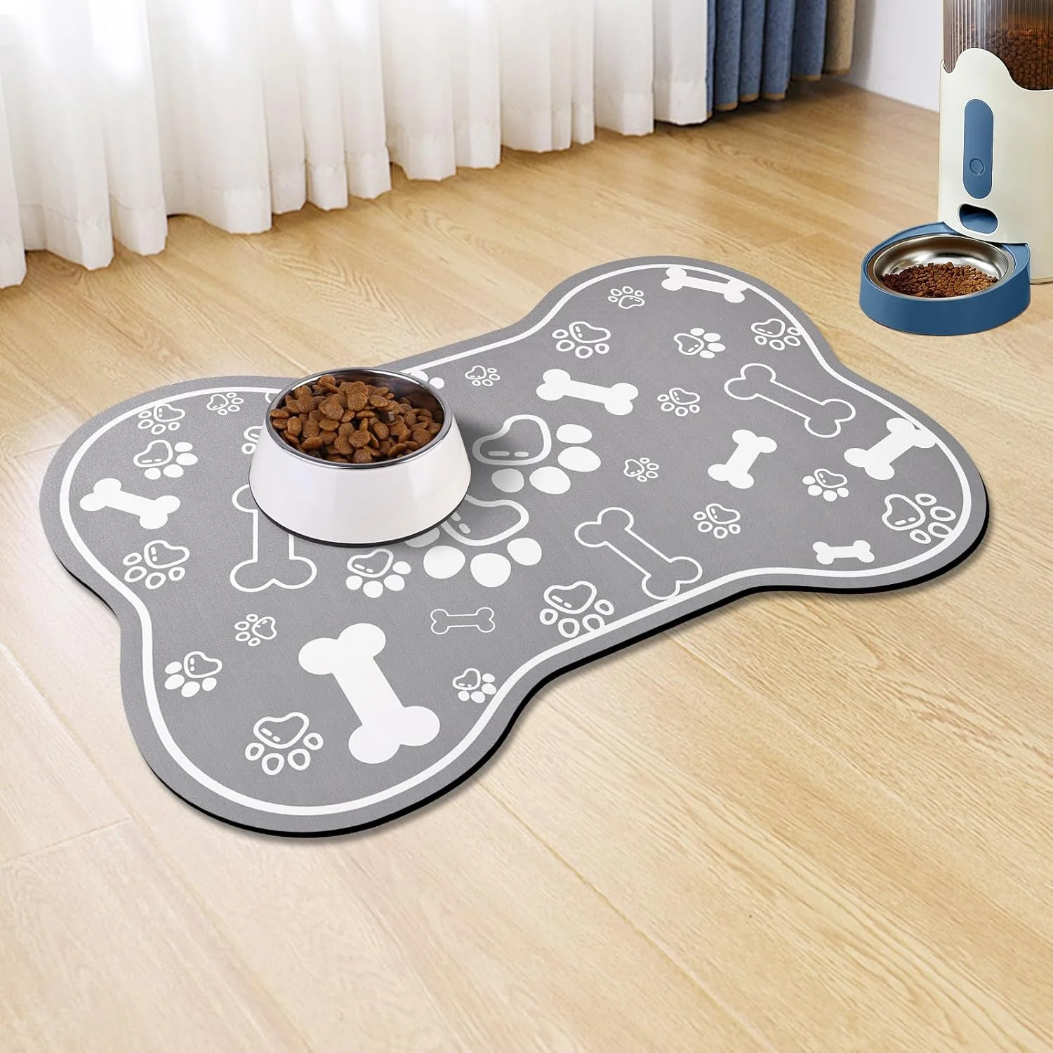 Safe Dog Cat Food Mat Rapid Absorbent Pet Feeding Mat Bone Shaped Dog Placemat Water Bowl Mat with Rubber Backing No Stains Dog Cat Food Mats Indoor Pet Accessories Supplies 12 x18 Grey Expertly Made