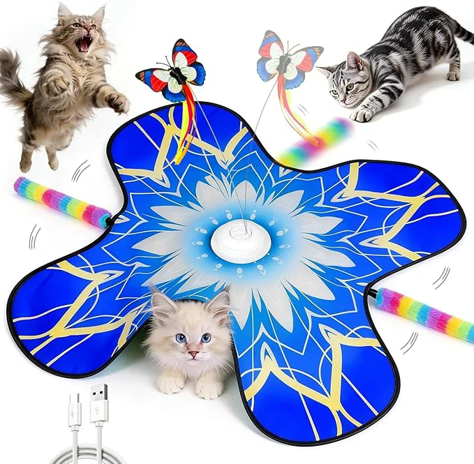 Unique Interactive Cat Toys for Indoor Cats 3-in-1 Hide and Seek Cat Toy with Fluttering Butterfly Moving Concealed Feathers 3 Prey Sounds Rechargeable Auto Play Mat for Bored Adult Cats Kittens Blue About This Recyclable