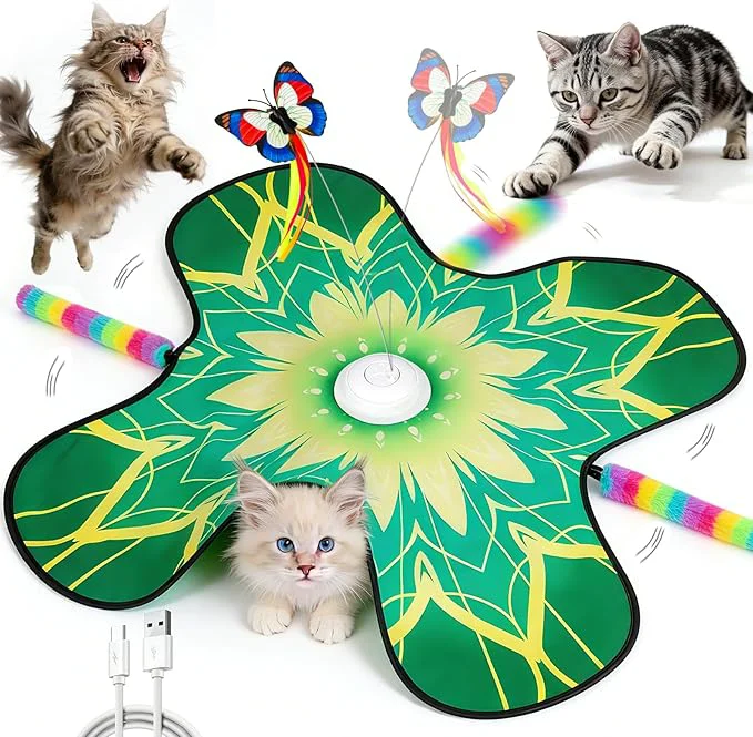 Certified Hide and Seek Cat Toy Mat 3-in-1 Interactive Cat Toys for Indoor Cats with Fluttering Butterfly Moving Concealed Feathers 3 Prey Sounds Rechargeable Auto Play Mat for Bored Adult Cats KittensAbout This High-Grade