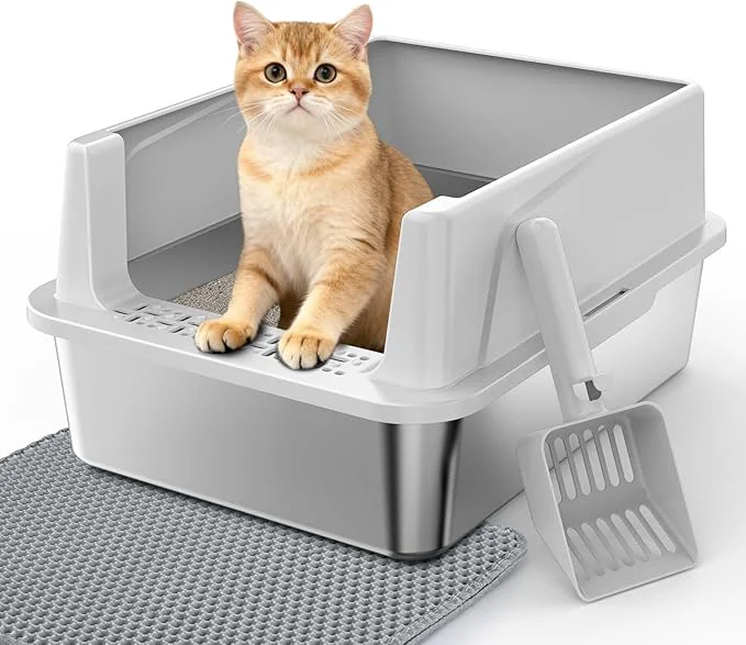 Relaxed Stainless Steel Cat Litter Box with Lid High-Sided Metal Litter Pan for Small Cats Kitty Litter Box Non-Stick Odor-Resistant Anti-Urine Leakage Easy to Clean Scoop IncludedAbout ThisOverview Lightweight