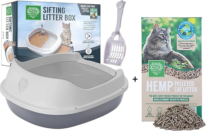 Environmentally Friendly Small Pet Select- Sifting Cat Litter Box and 8lb Hemp Pellets Combo with 5 Pee Pads and Litter Scoop Premium System for Cats Tidy and Easy to CleanAbout ThisOverview Elegant
