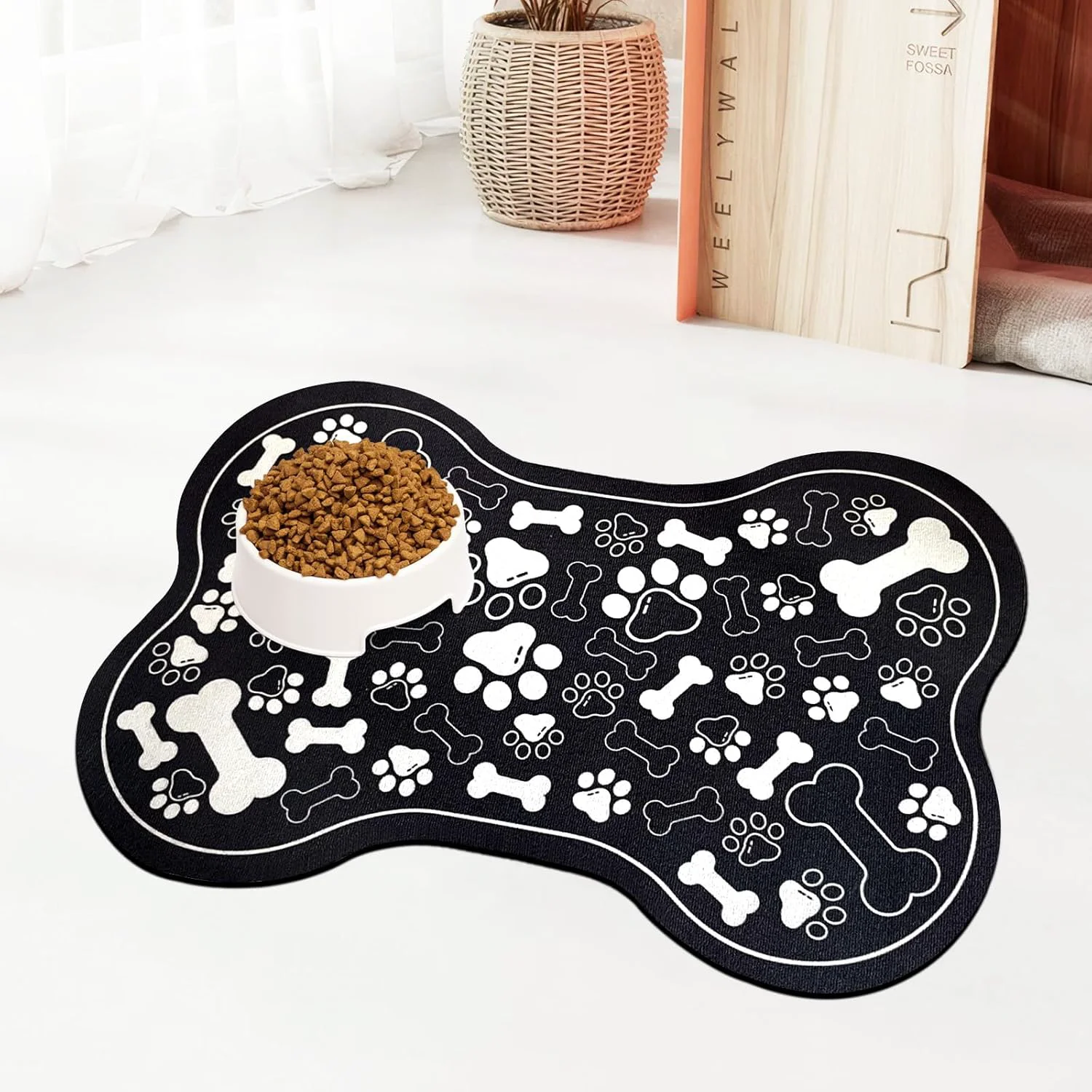 User-Friendly Dog Cat Food Mat Bone Shaped Pet Feeding Mat Quick Absorb Water Bowl Placemat with Rubber Backing Indoor Floor Stain Resistant Pet Accessory Supplies Black 16×24 Inches Premium Material