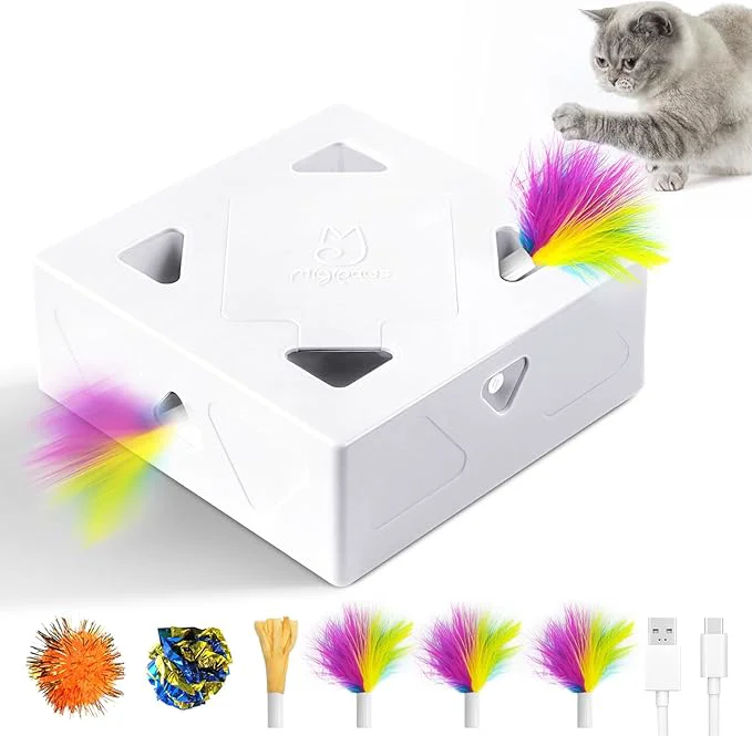 Sophisticated Interactive Cat Toys -Migibox for Indoor Bored Cats Automatic Pop Out Feathers from 7 Holes Randomly Motion Activated USB Rechargeable Purple Skin About This Recyclable