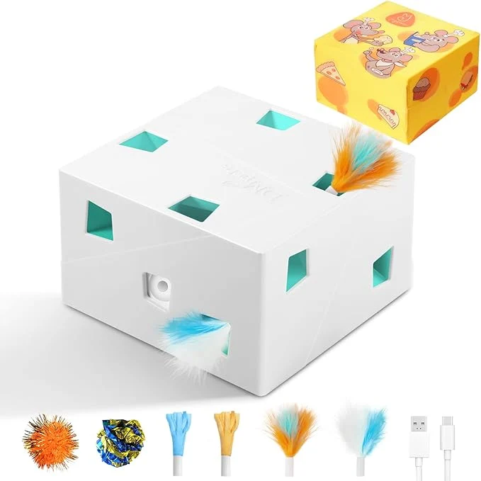 World-Class Migipaws Automatic MigiBox Plus Cat Toys 3 n1 Interactive Pounce Mystery Under PopSkin 12 Holes Cardboard Kitten Toys for Indoor Rechargable 8 Accessories White About This Certified