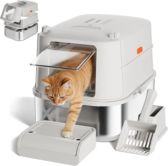 Pure GTPLAYER XL Enclosed Stainless Steel Cat Litter Box with Lid High-Sided 304 Metal Covered Litter Pan for Large Cats Leak-Proof Non-Stick Design with Scoop Step Mat Classic GrayAbout ThisOverview Efficient