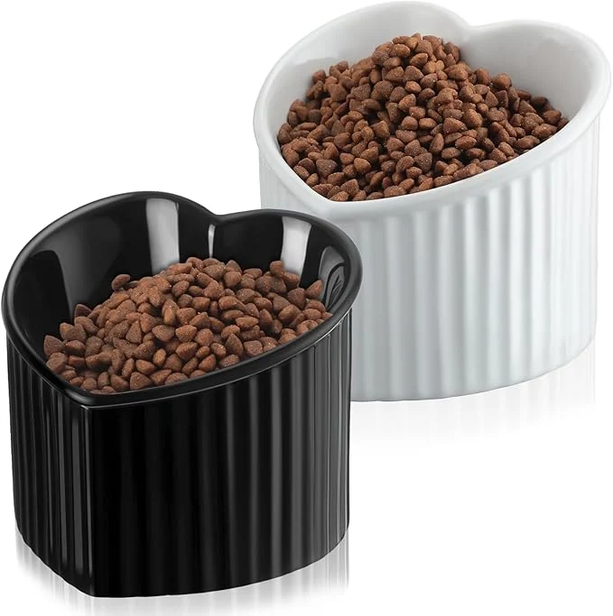 Premium Mumufy 2 Pcs Ceramic d Cat Bowls Tilted d Raised Pet Bowls Anti Vomit Cat Dish for Indoor Stress Water Dish Feeder for Puppies Heart Shaped Pearly White Black About ThisOverview Luxury