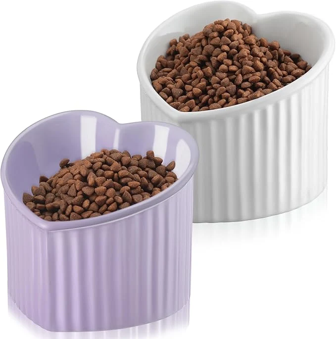 Lightweight Mumufy 2 Pcs Ceramic d Cat Bowls Tilted d Raised Pet Bowls Anti Vomit Cat Dish for Indoor Stress Water Dish Feeder for Puppies Heart Shaped White Purple About ThisOverview High-Quality