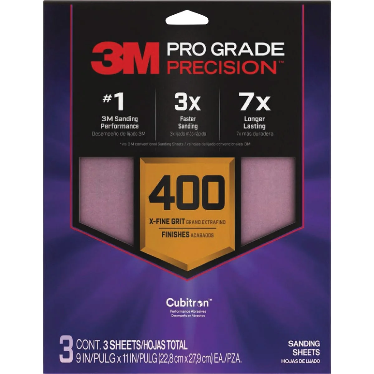 Convenient 3M Pro Grade Precision 9 In. x 11 In. 400 Grit Sandpaper Sheet with No-Slip Grip Backing 3-Pack Versatile