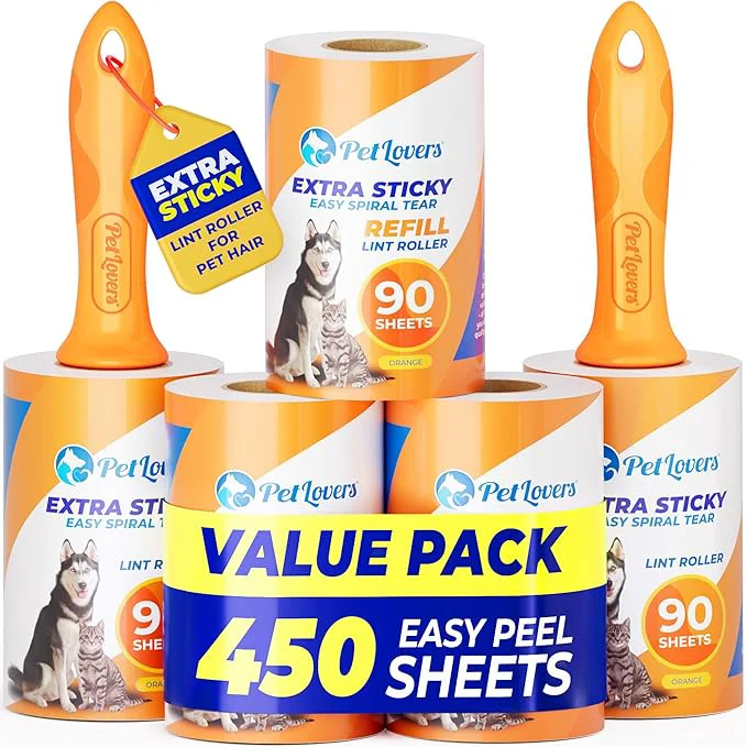 Reusable PetLovers Extra Sticky Lint Roller Mega Value Set 450 Sheets for Pet Hair Removal and Clothes Dog and Cat Lint Remover 5 Pack OrangeAbout ThisOverview Convenient