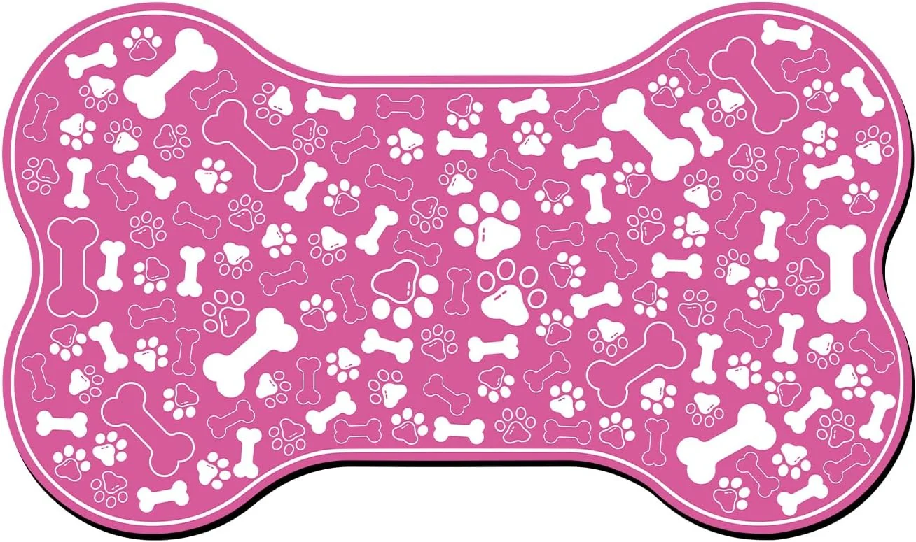 Original Design Dog Cat Food Mat Bone Shaped Pet Feeding Mat Quick Absorb Water Bowl Placemat with Rubber Backing Indoor Floor Stain Resistant Pet Accessory Supplies Pink 17×29 Inches Efficient