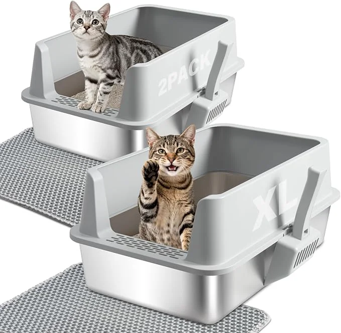 Original 2PACK Stainless Steel Litter Box Metal Litter Box with High Sides Lid XL Large Cat Litter Boxes for Big Cats Absorbs Odors Anti-Urine Leakage Easy Cleaning Non-Stick Include Scoop and MatAbout ThisOverview Sustainable