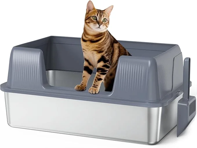 Minimalist Vivifying Stainless Steel Cat Litter Box XL Extra Large Semi-Enclosed Metal Pan with Side Entry Scoop Included Open Top Potty for Indoor Big Cats Kitty Easy to Clean Odor Resistant Gray About ThisOverview Elite