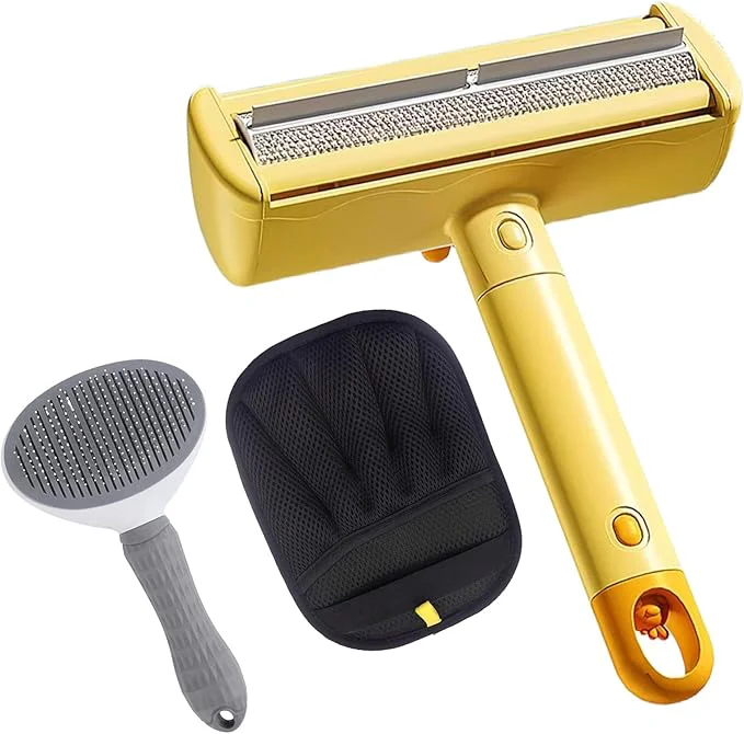 Optimized Roller Pet Hair Remover，Self Cleaning Shedding Brush，Cat Brush for Shedding Pet Hair Removal Glove for Dogs Cats Gently Remove Fur from Furniture Laundry Carpet Car Seats，3 Piece Set Yellow About ThisOverview Original