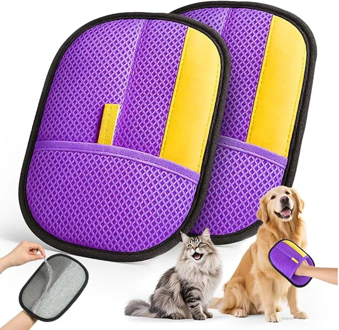 Solid 2026 Thickened Electrostatic Pet Hair Removal Gloves 2 Pcs – Reusable Strong Grooming Gloves for Cats Dogs Hair Remover Gloves for Couch Furniture Carpet Car Seats Clothing PurpleAbout This Trendy