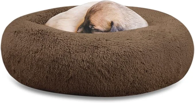 Premium Material SAVFOX 20 inches Calming Donut Dog Bed – 3X Durable Plush Faux Fur Machine Washable Non-Slip Fits up to 15 lbs BrownAbout ThisOverview Casual