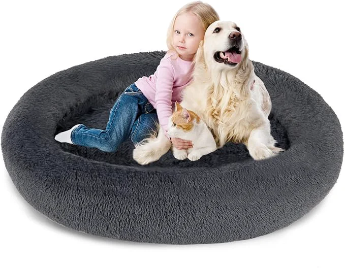 Eco-Friendly SAVFOX 54 inches Calming Donut Dog Bed – 3X Durable Plush Faux Fur Machine Washable Non-Slip Fits up to 210 lbs Removable Cover Dark GreyAbout ThisOverview Relaxed