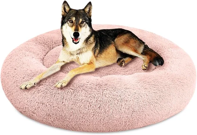 First-Class SAVFOX 45 inches Calming Donut Dog Bed – 3X Durable Plush Faux Fur Machine Washable Non-Slip Fits up to 150 lbs PinkAbout ThisOverview Comfortable