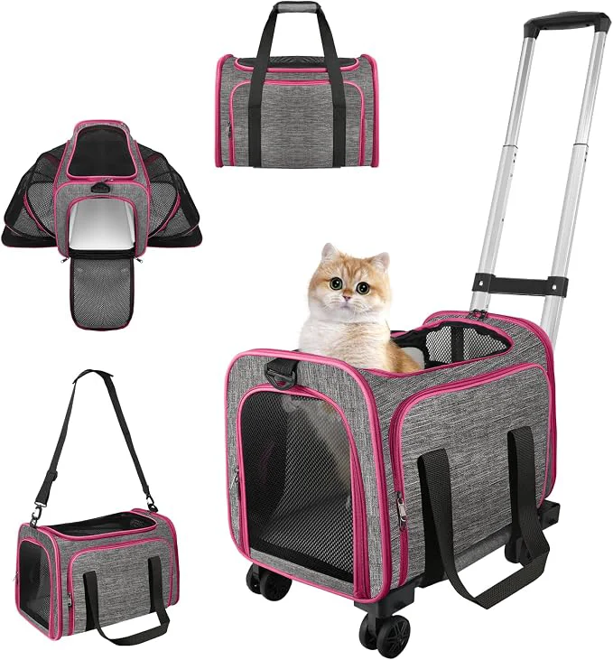 Crafted Pet Carrier with Wheels Up to 33 lbs Airline Cat Carrier Rolling Pet Efficient