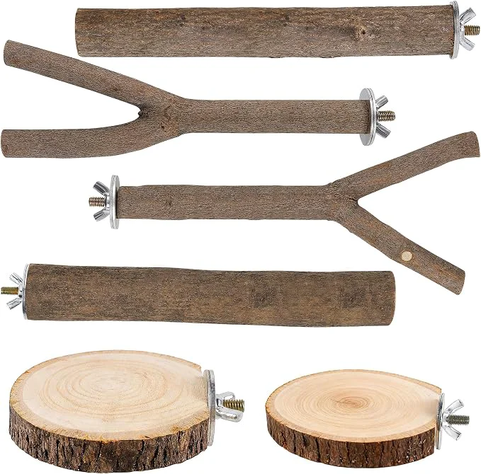 Excellent 6 PCS Bird Perch Set Natural Birch Wood Straight Forked Perches Professional