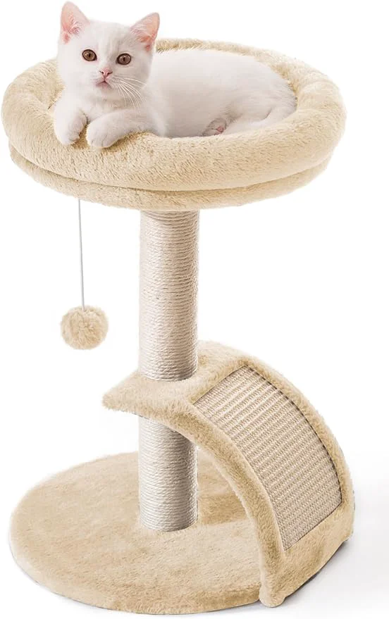 Minimalist Cat Scratching Post Tower for Indoor Cats Small Cat Tree Tower with Bed and Hanging Ball Toys Short Modern Carpet Kitten Scratcher Stand with Large Round Perch and Scratch Ramp Beige About ThisOverview Comfortable