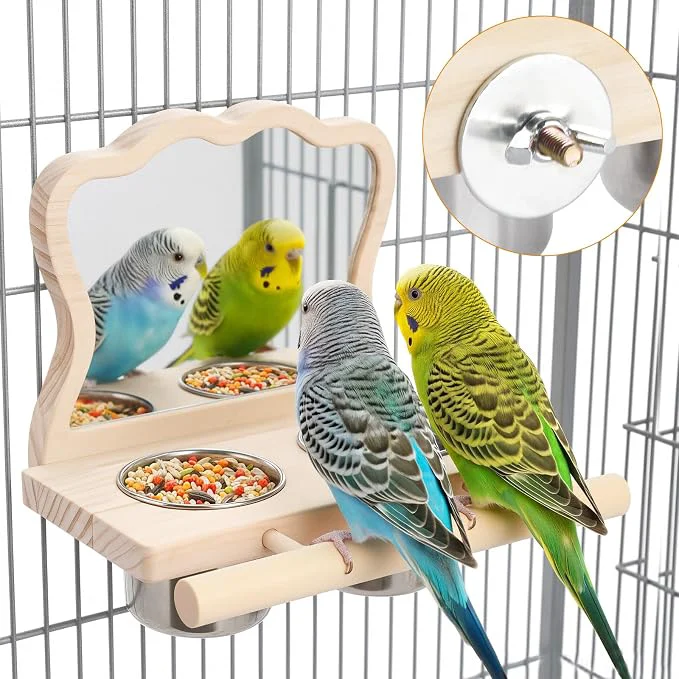 Environmentally Friendly Bird Perch Platform Toy with Mirror Standing Rack Stainless Steel Bowl Casual
