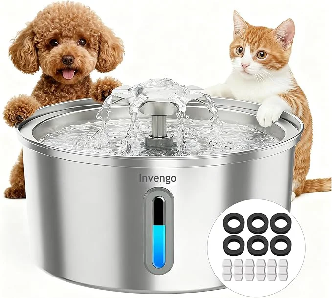 Eco-Friendly Cat Water Fountain Stainless Steel 3.2L 108oz Invengo Automatic Pet Fountain for Cats Dogs Ultra Quiet 25 dB Pump Includes 6 Filters Sponges LED Water Level Window Easy to CleanAbout ThisOverview Recyclable