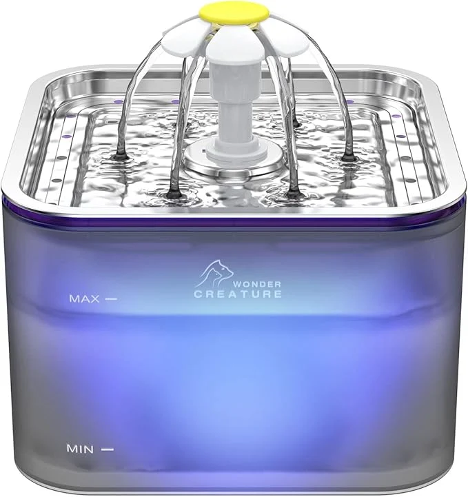 Stylish Crystal Cat Water Fountain Stainless Steel 101oz 3L Pet Fountain with LED Light for Cats and Dogs Grey About ThisOverview Smooth