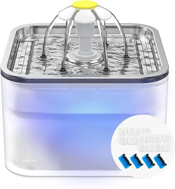 Classic Crystal Cat Water Fountain Stainless Steel with 4 Filters and 4 Sponges 101oz 3L Pet Fountain with LED Light for Cats and Dogs Clear About ThisOverview User-Friendly