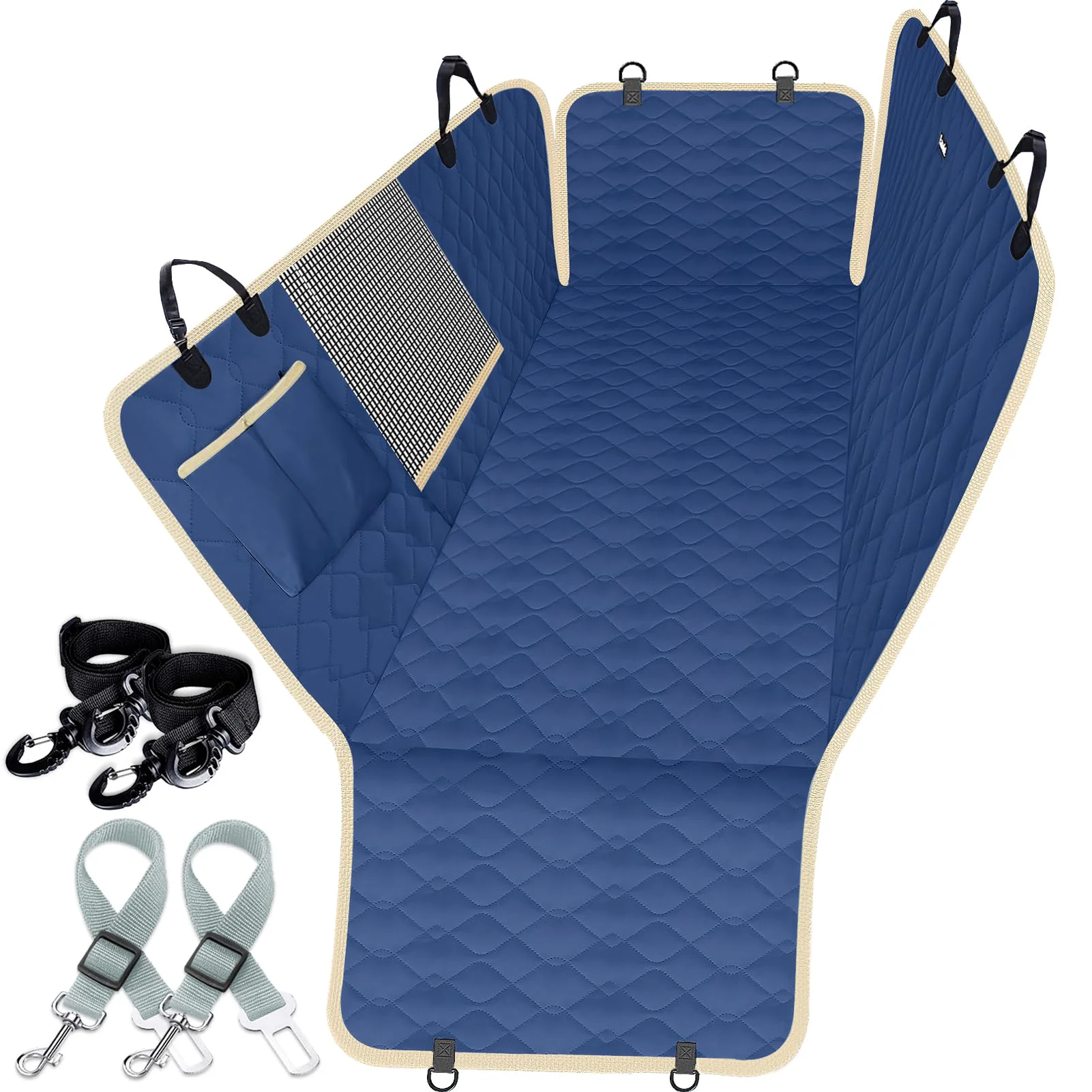 Fast Lassie Dog Car Seat Cover Hammock with Mesh Window — Waterproof Nonslip Universal Fit 2 Belts Smart
