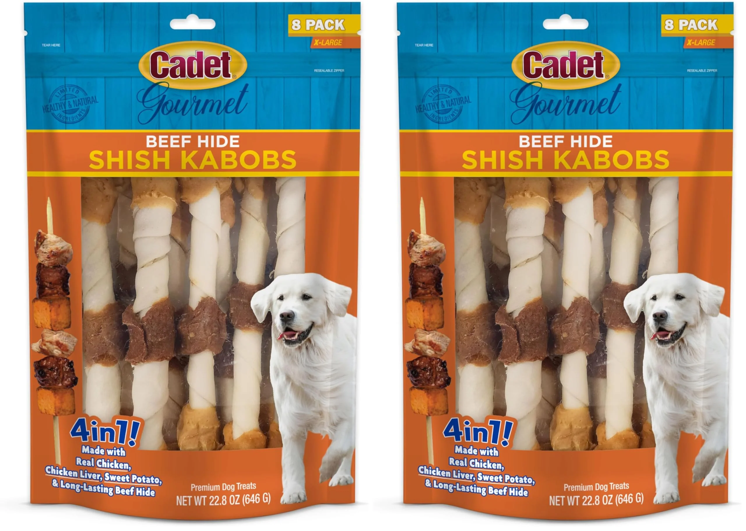 Comfortable Cadet Gourmet Shish Kabob Dog Chews for Large Dogs – 10-Inch Beef Hide Treats with Chicken Sweet Potato Pack of 2 Refined