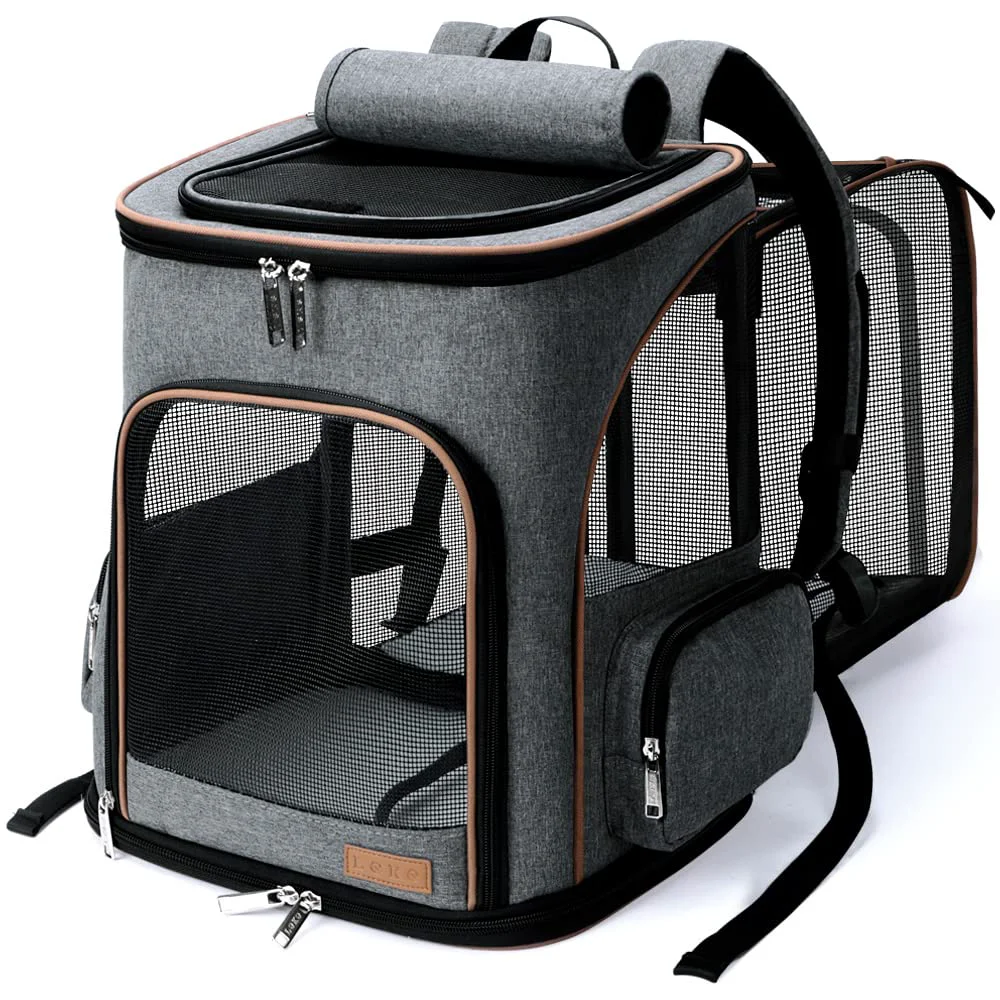 Excellent Lekereise Pet Carrier Backpack – Expandable Carrier for Medium Dogs Large Cats 20-25 lbs – Grey Stylish