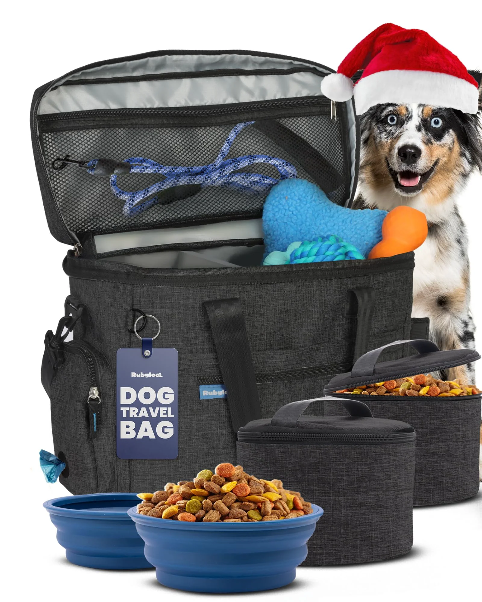 Fine rubyloo The Doggy Bag Charcoal Travel Bag for Dogs - 2 Bowls 2 Containers Efficient