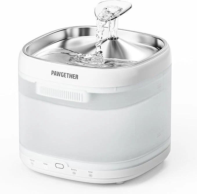 Comfortable PAWGETHER® Cat Water Fountain Ultra Quiet Pumpless Pet Water Fountain with Stainless Steel Tray 67oz 2L Water Fountains for Cats Indoor with 360° Motion Sensor for Cats Dogs with Filter About ThisOverview Detailed