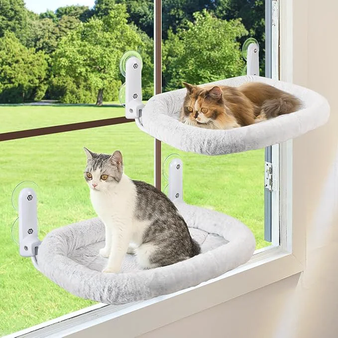 High-Grade 2PC Cat Window Perch with Bolster Foldable Cat Hammock Cushion Bed for Window with Metal Frame Large Suction Cups Cordless Window Resting Seat for Indoor Cats Cushion Bed 2PC About ThisOverview Flexible