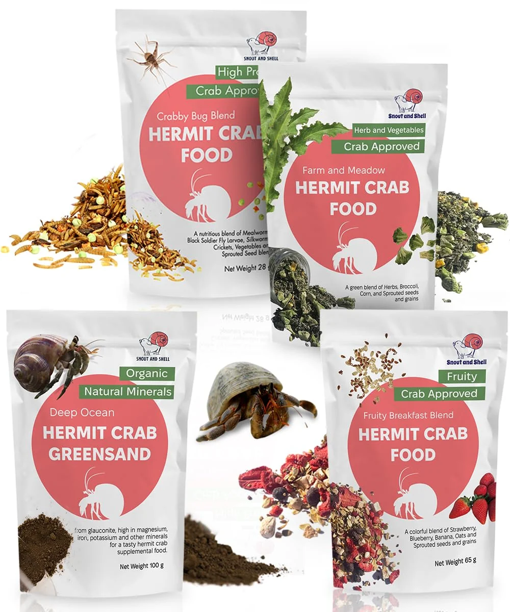 Sophisticated Snout and Shell Hermit Crab Food Bundle – Farm Meadow Fruity Breakfast Blend Crabby Bug Blend Greensand Casual