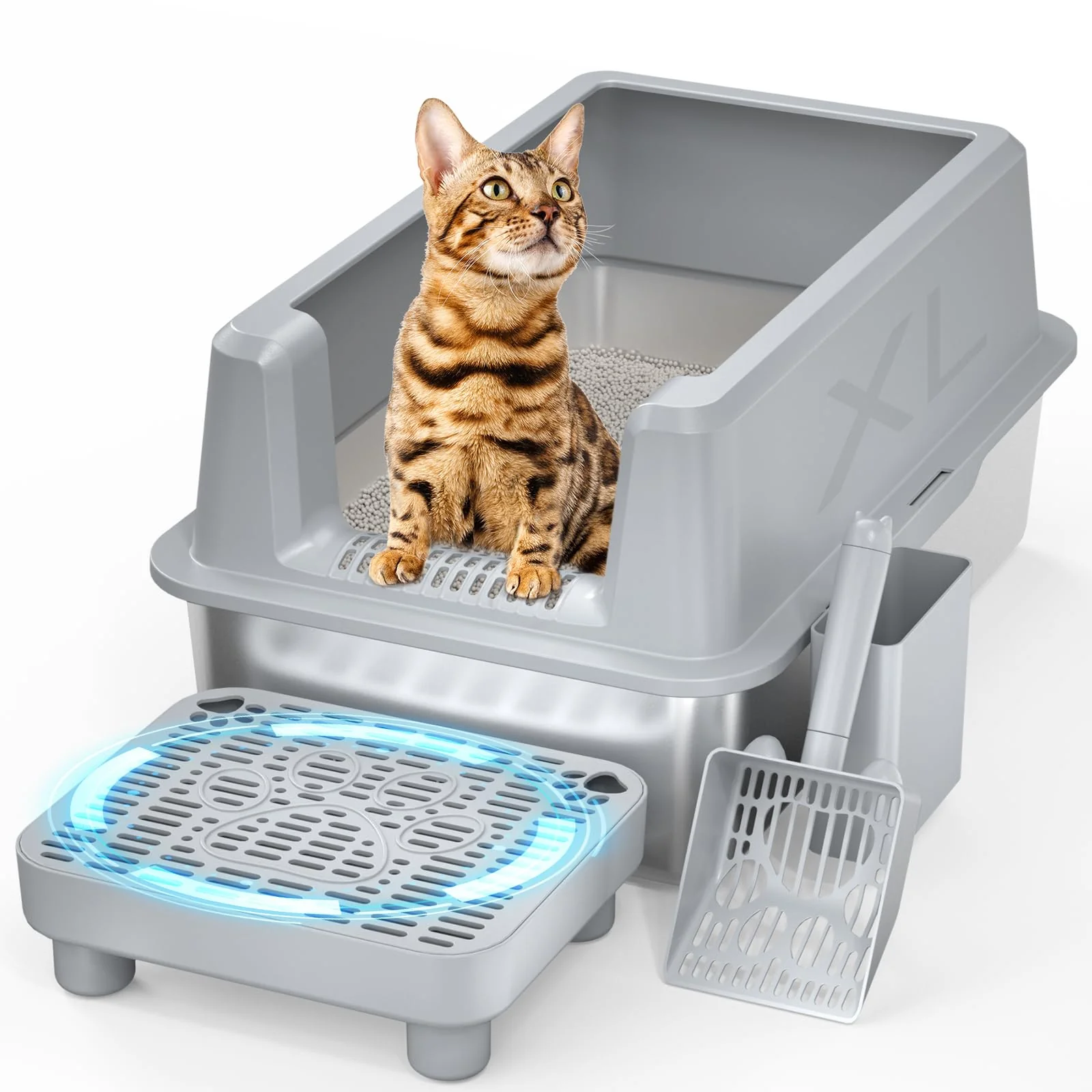 Stylish PereHome Stainless Steel Cat Litter Box with Lid Gray Extra Large Anti-Leakage Odorless Easy Clean Smooth