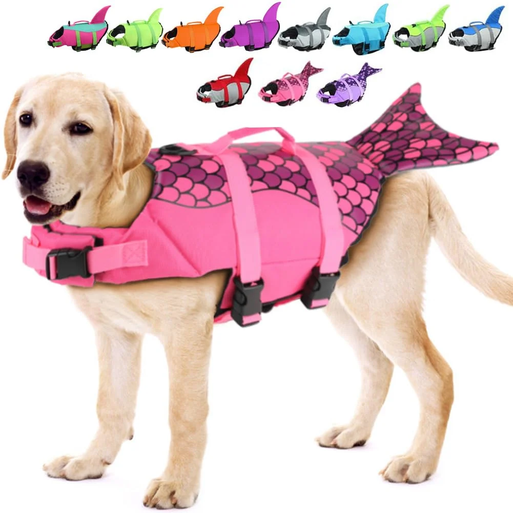 Original Design EMUST Large Dog Life Jacket – Mermaid Flotation Vest with Lift Handle and Adjustable Fit Practical