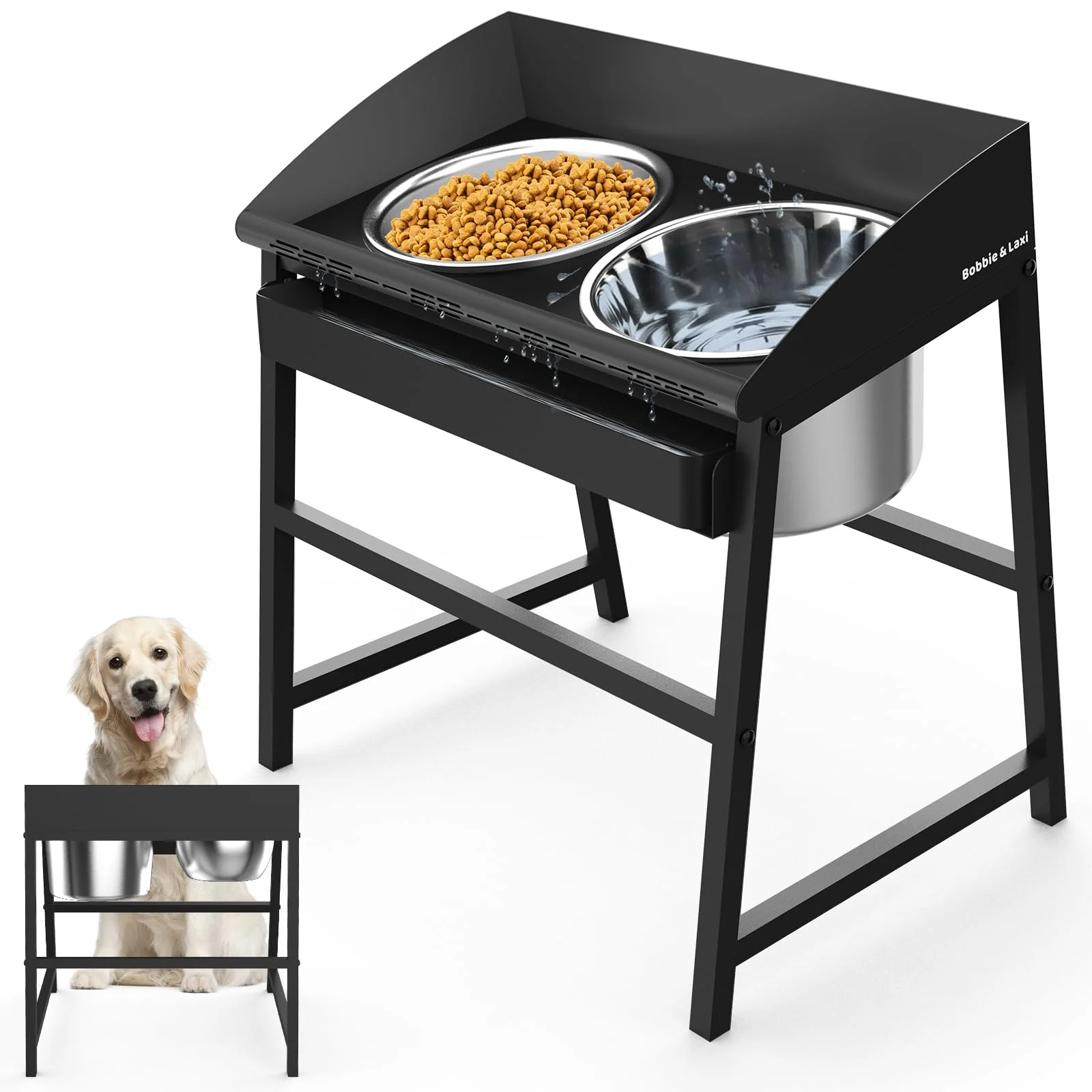 Artisan Bobbie Laxi d Dog Bowls for Large Dogs – 15 Tall Raised Stand with Spill-Proof Stainless Bowls Flexible