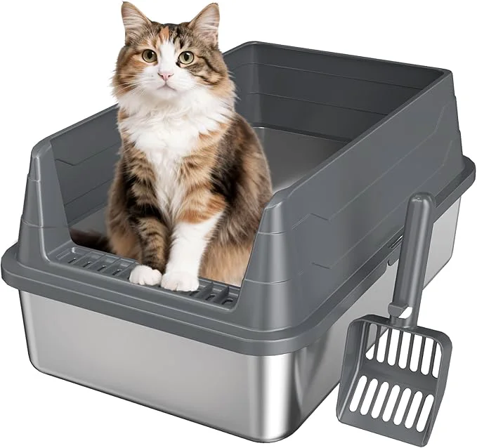 Optimized Stainless Steel Cat Litter Box Odor Metal Litter Box with High Sides Lid Open Top Low Entry Litter Pan Include Scoop Easy Cleaning Anti-Scratch Kitty Cat Box Anti-Urine Leakage Non-StickyAbout ThisOverview Easy-to-Use