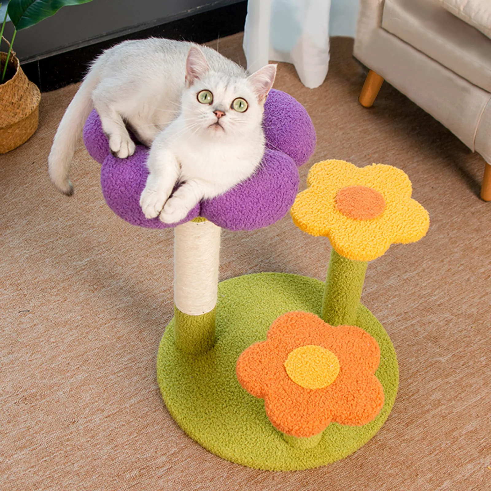 Organic MODUSKYE Flower Cat Tree 18-Inch High 3-Ply Cat Tower with Jute Scratcher and Teddy Velvet Cat Condo Unique