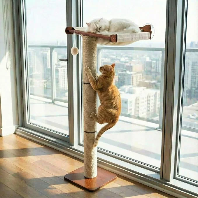 Prestigious Sintuff Cat Window Perch with Scratching Post Climbing Tree Hammock Mounted with Suction Cups 46 Inch Tall Adjustable Narrow Cat Tree Climbing Pole for Playing Sleeping Watching Birds Round About ThisOverview Contemporary