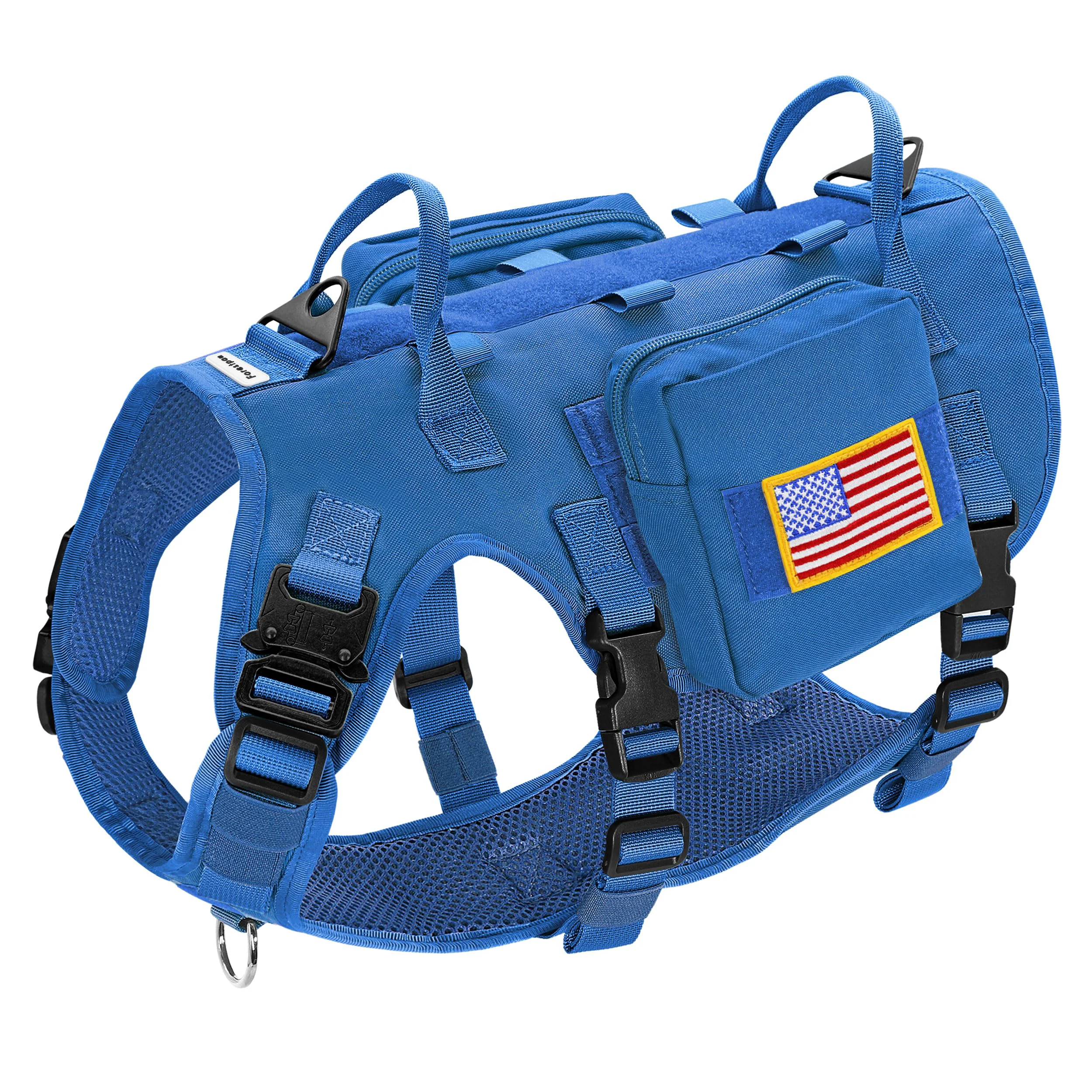 Carefully Designed Forestpaw Medium Tactical Dog Harness with Handle – No-Pull Blue MOLLE Pouches Reflective Safety Fast