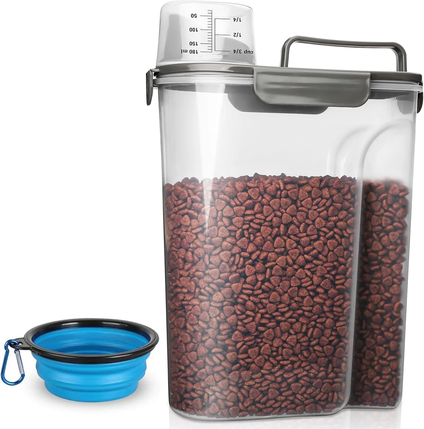 Unique Dog Food Storage Container 5-7 Lbs Airtight Pet Food Container Cat Food Container Dispenser Plastic Bin with Pouring Spout Portable Handle and a Collapsible bowl for Dogs Cats Grey 6Qt Next-Generation