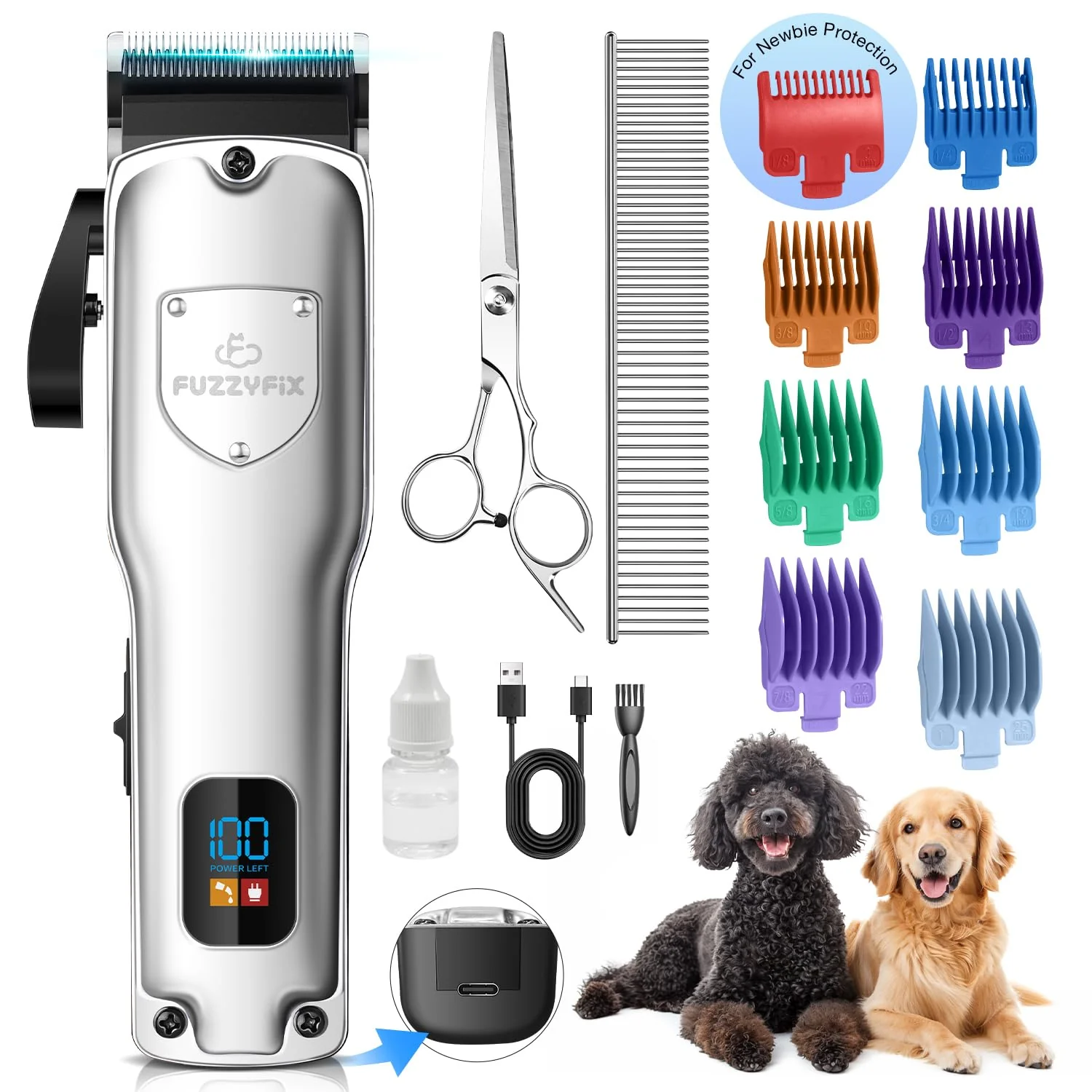 Environmentally Friendly FuzzyFix Dog Clippers for Thick Coats — Low Noise Cordless Ceramic Blade Kit Detailed