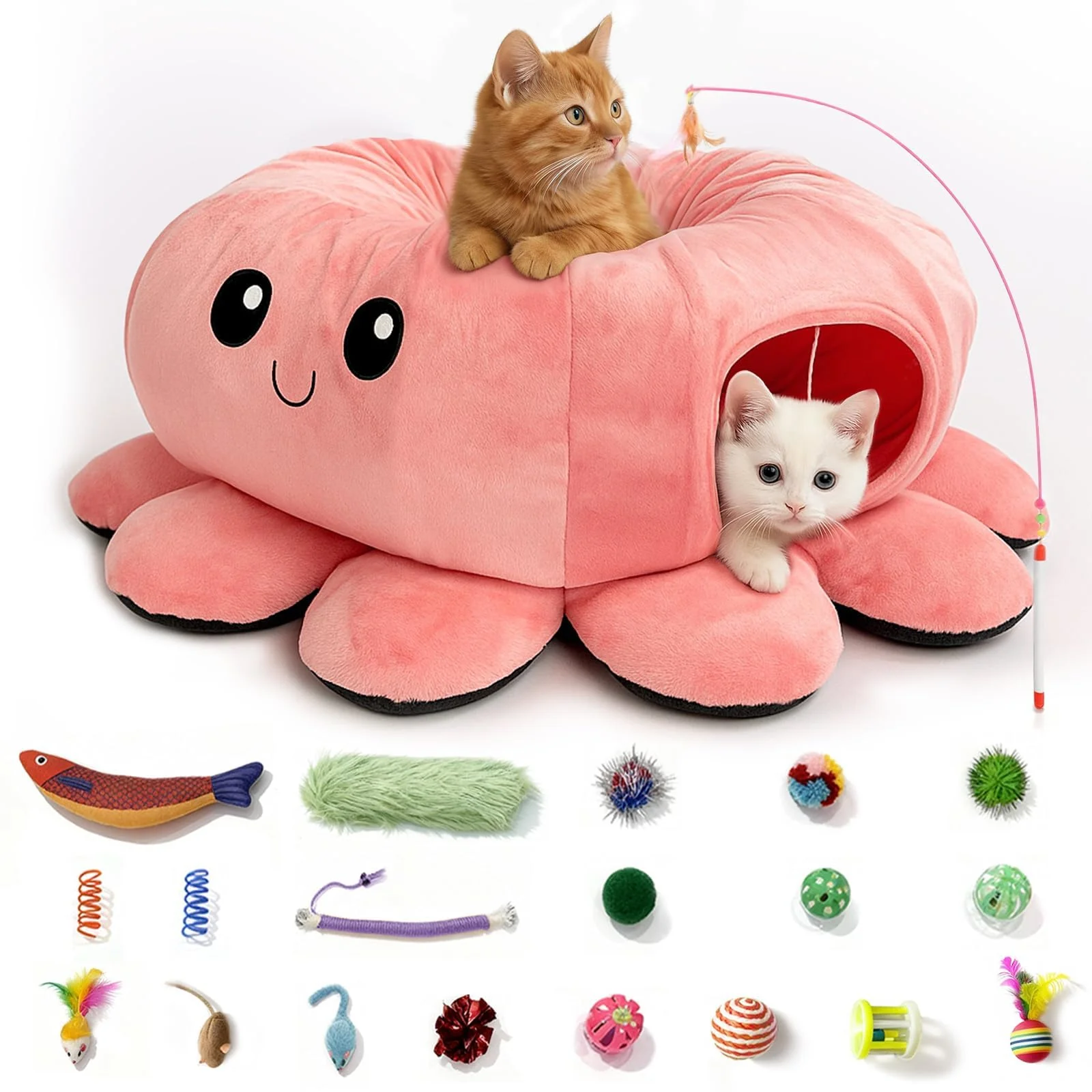 Traditional VIEFIN Cat Tunnel Bed with 20 Toys — Collapsible Octopus Play Tunnel for Indoor Cats Easy-to-Use
