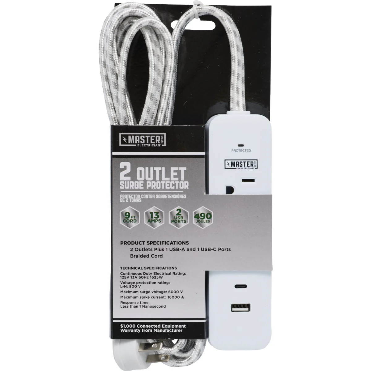 Comfortable Master Electrician 2-Outlet 1-USB-A 1 USB-C 450J White Surge Protector with 9 Ft. Braided Cord Right Angle Plug Fine