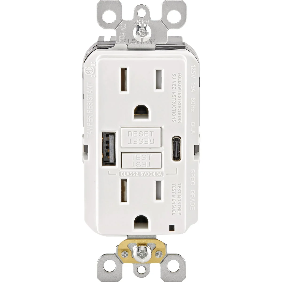 Relaxed Leviton SmartlockPro White 2-Port USB Charging Outlet with 5-15R Self-Test GFCI In-Wall Charger Duplex Outlet Convenient