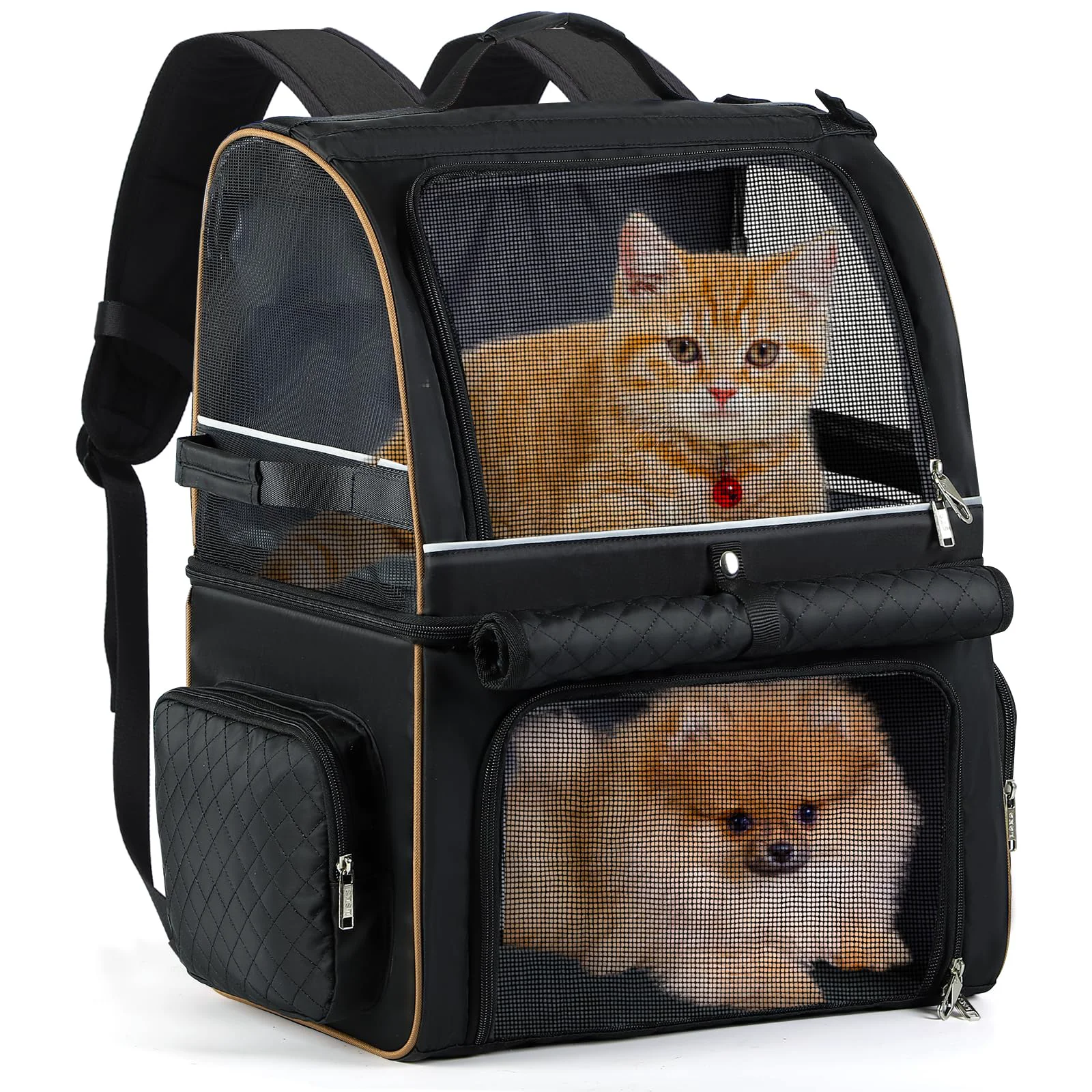 Elegant Lekebobor Cat Backpack Carrier for Two Small Cats or One Medium Dog — Up to 24 lbs Quilted Black Modern